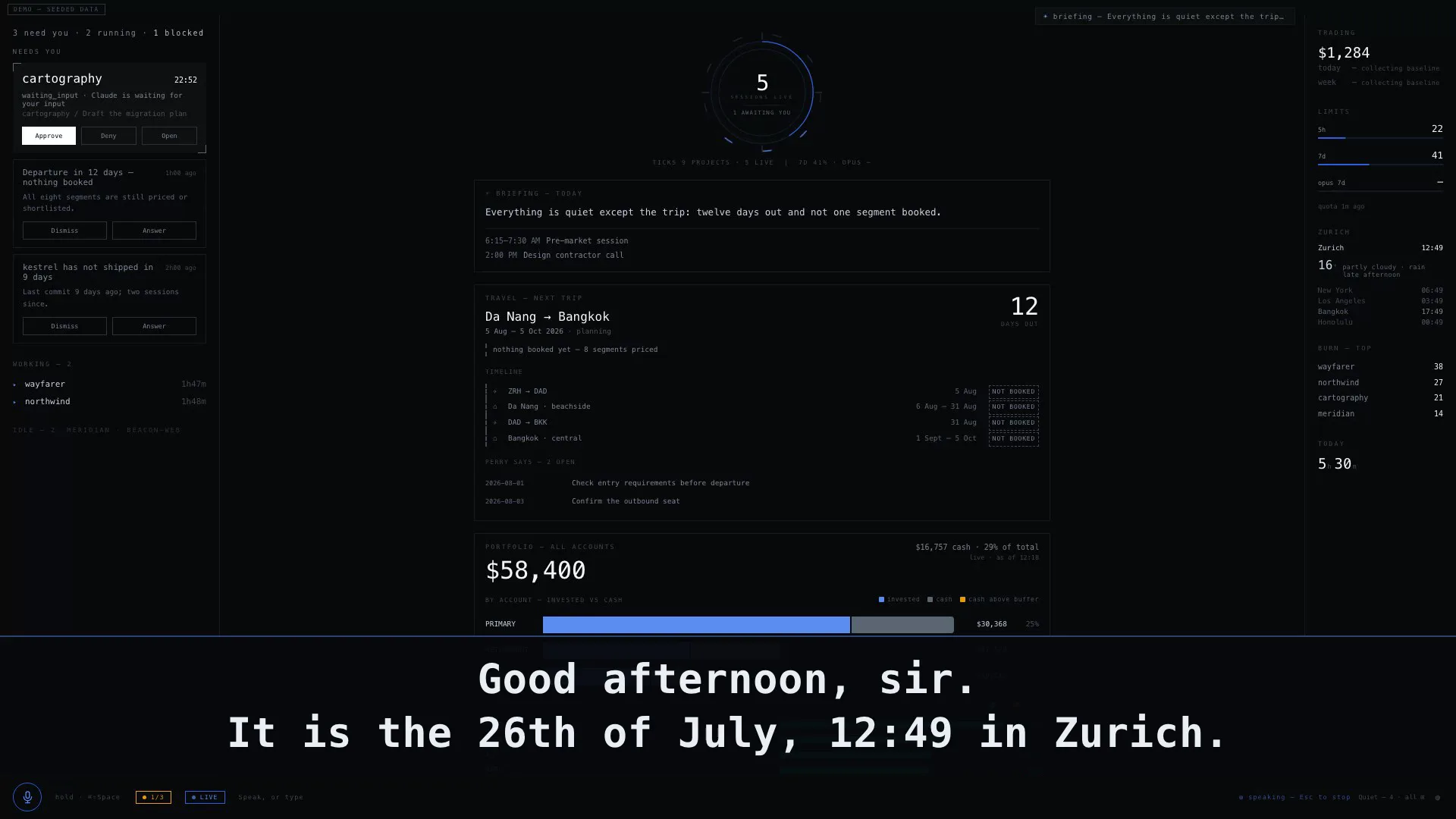 Das Fleet-Dashboard während des Briefings — Projektstatus, eine ungebuchte Reise, laufende Sessions und Kontostände auf einem dunklen Bildschirm.