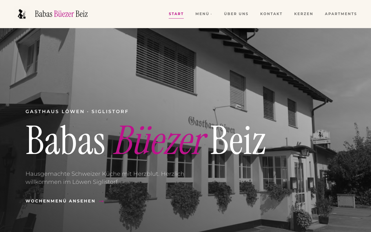 Die Startseite von babasbuezerbeiz.ch — eine Schweizer Gasthaus-Website mit warmer Bildsprache und deutscher Navigation.